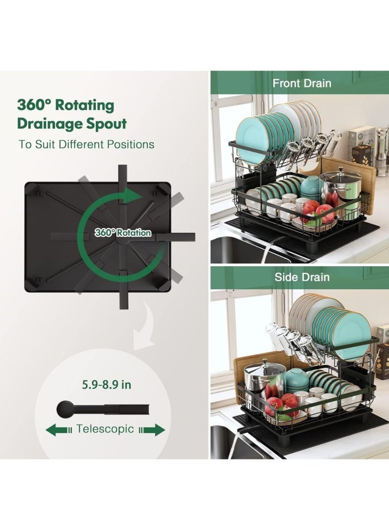 LIMOS Dish Drainer Rack, 2 Tier Dish Drainer with Drip Tray and Drainer Mat, Stainless Steel Dish Rack with Utensil Holder, Swivel Spout, Draining Board for Kitchen Counter, Black - Image 3